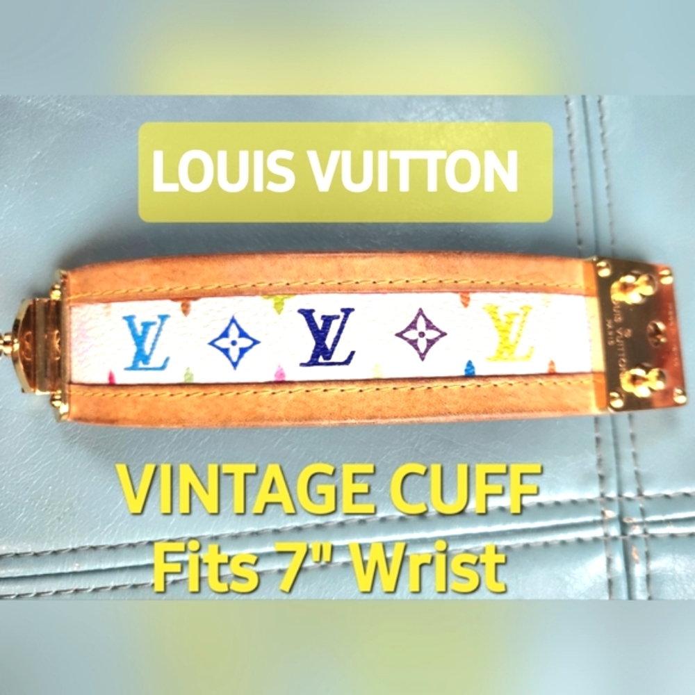VTG LOUIS VUITTON White Monogram Multicolor 2004 Wide Gold Chunky Latch Bracelet